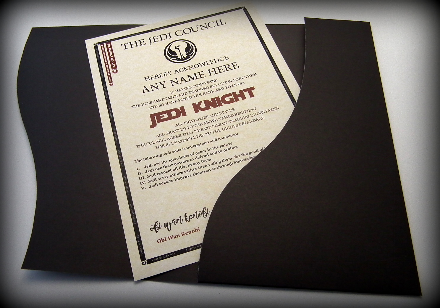 Jedi Knight Style Personalised Certificate in a Presentation Folder
