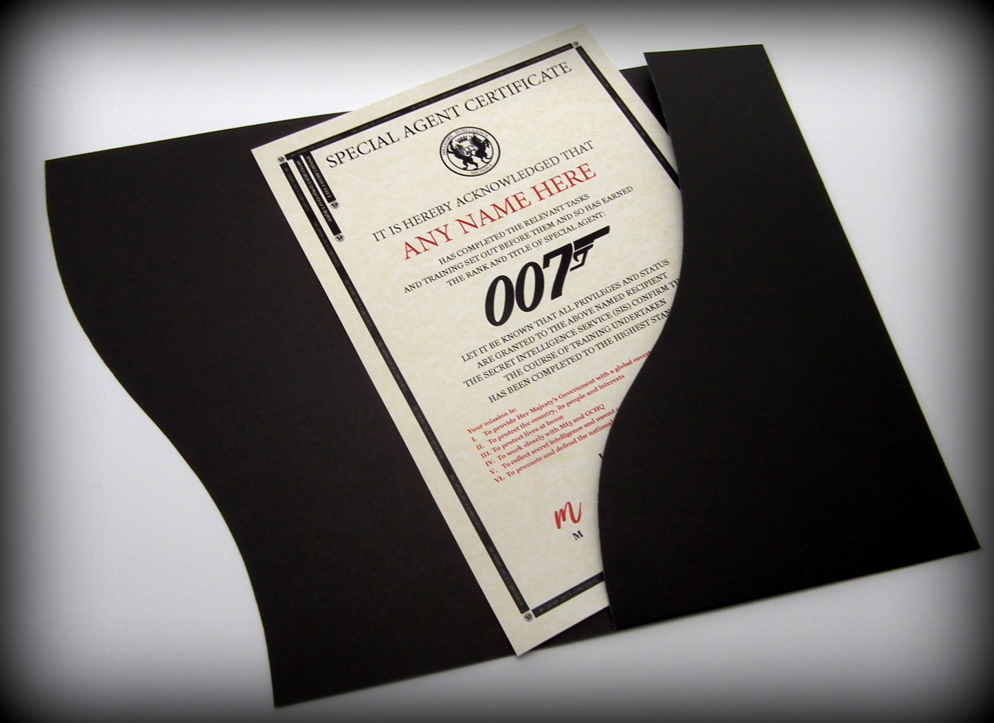 James Bond 007 Style Personalised Certificate in a Presentation Folder