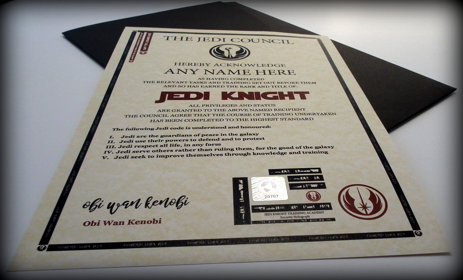 Jedi Knight Style Personalised Certificate in a Presentation Folder - Image 3