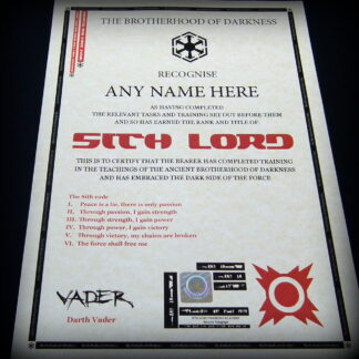 Sith Lord Style Personalised Certificate in a Presentation Folder