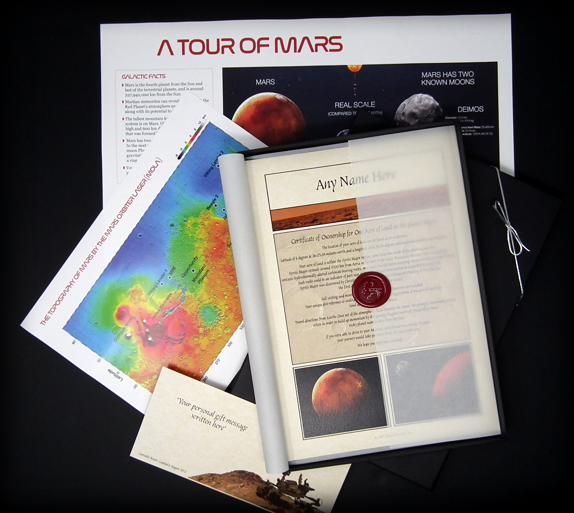 Acre of Land on Mars Deluxe Gift Set in a luxury presentation Gift Box - Personalised with the name of your choice
